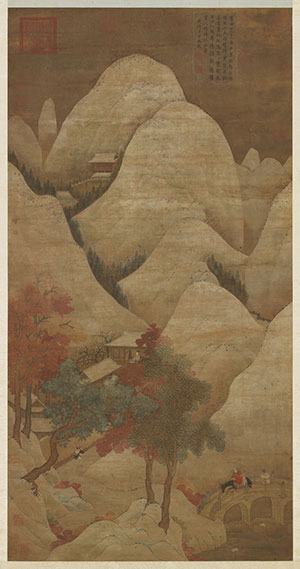 Snowy mountains and red trees scroll