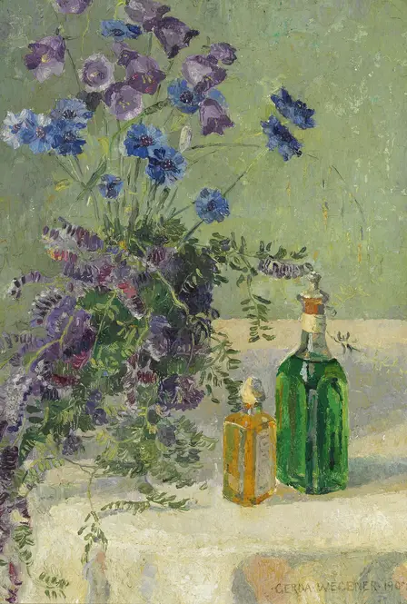 Still life with blue flowers and two bottles on a table (1907) by Gerda Wegener