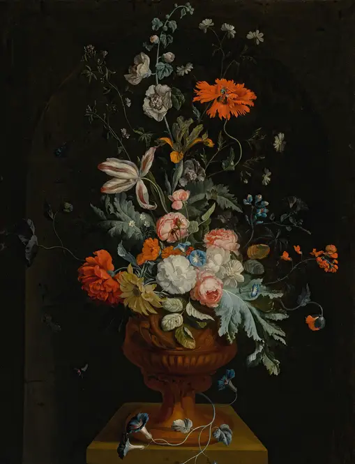 Still Life Of Flowers In A Terracotta Vase Before A Stone Niche by Jan van Huysum