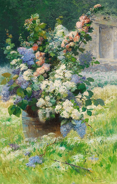 Lilac branches and hollyhocks (around 1900)