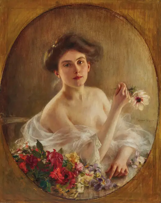 Portrait of a young woman with flowers by Albert Lynch